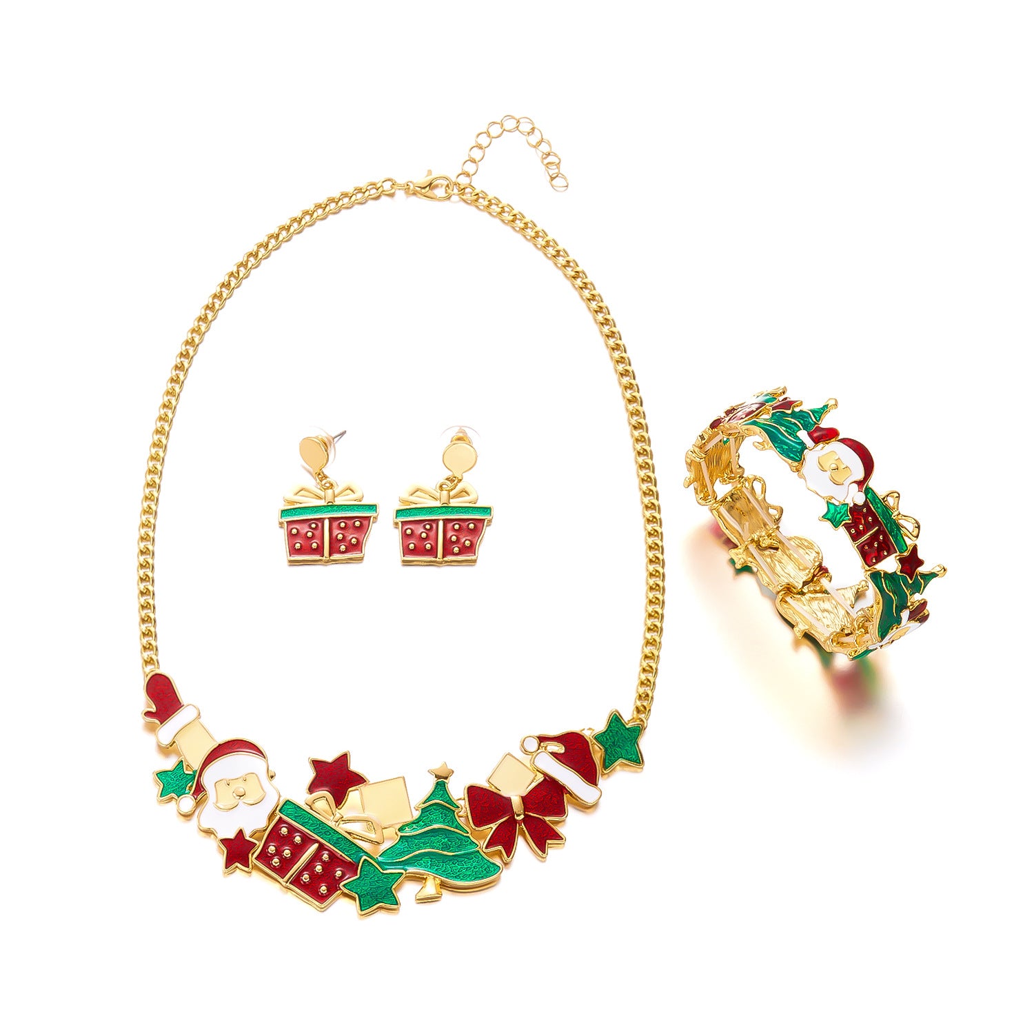 Style Christmas Necklace Gift Set, Santa Claus &amp; Christmas Tree Pendant, Cute Cartoon Holiday Jewelry, Neck and Wrist Accessories