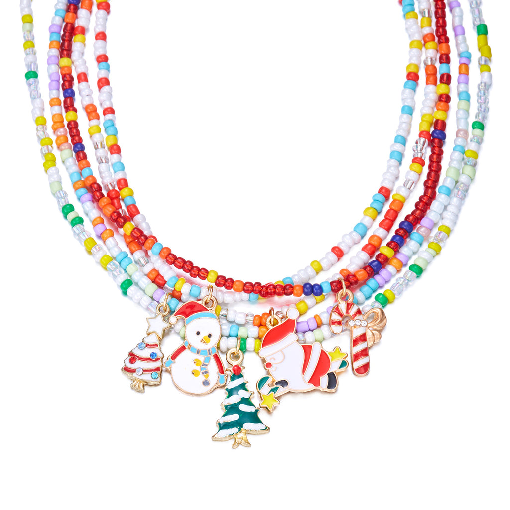 Christmas Cartoon Santa Bell Snowman Snowflake Pendant Colorful Seed Bead Necklace for Women