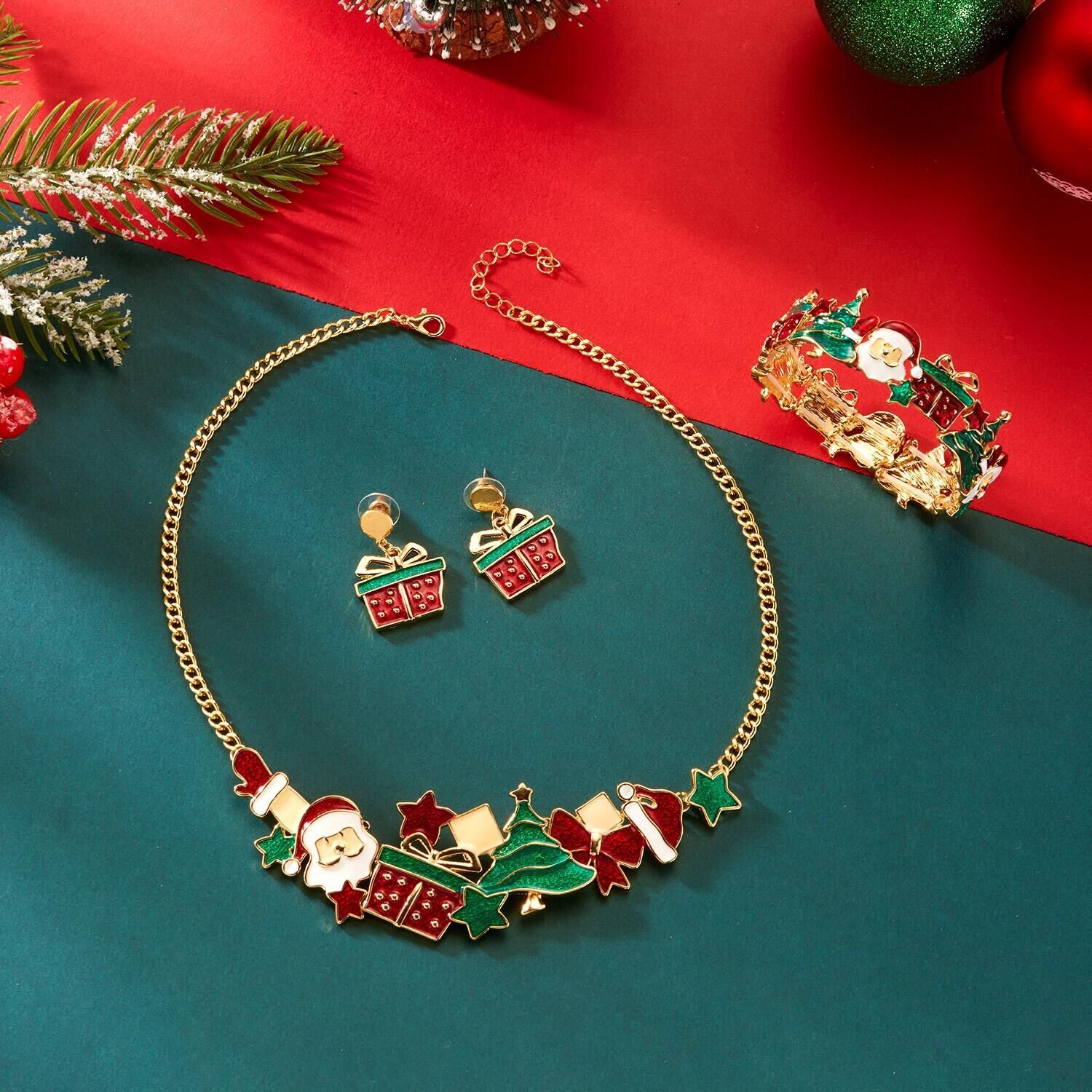 Style Christmas Necklace Gift Set, Santa Claus &amp; Christmas Tree Pendant, Cute Cartoon Holiday Jewelry, Neck and Wrist Accessories