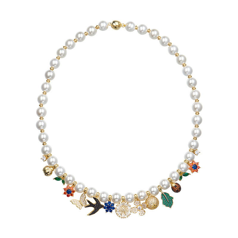 Fashionable retro style jewelry garden necklace women's jewelry flower pendant swallow beetle buckle pearl collarbone chain